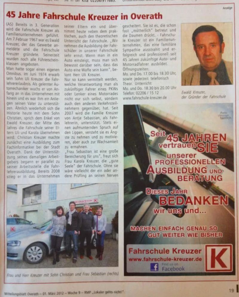 Zeitungsartikel über Fahrschule Kreuzer