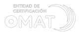 Logo blanco de OMAT, Entidad de Certificación, con diseño de círculos y líneas curvas