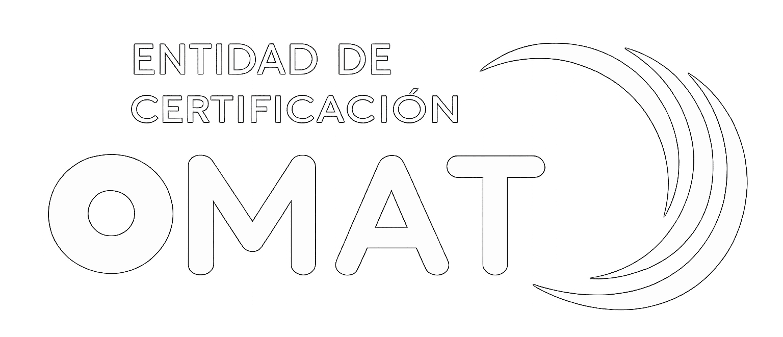 Logo blanco de OMAT, Entidad de Certificación, con diseño de círculos y líneas curvas