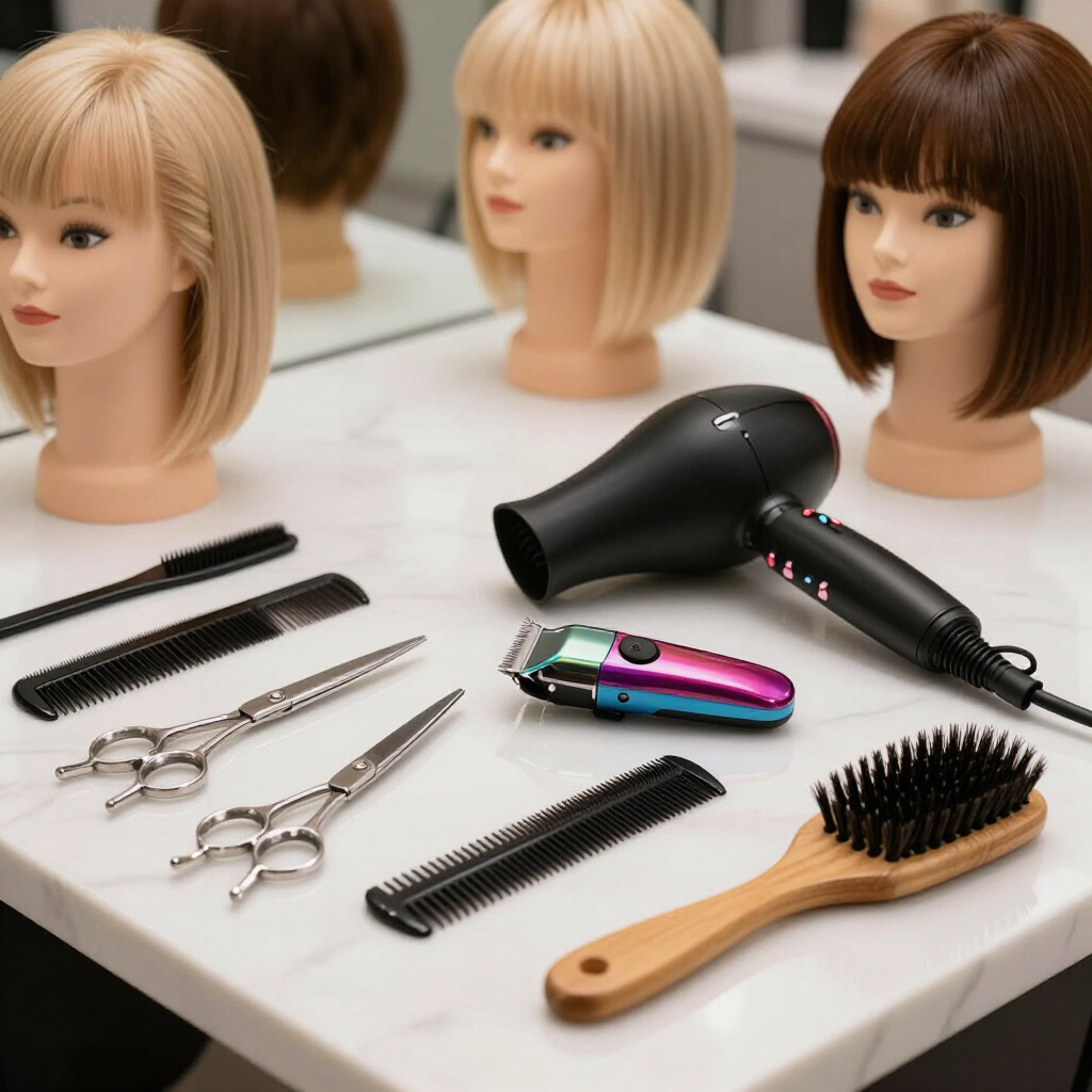 Herramientas de peluquería y cabezas de maniquí sobre una mesa de estilismo, incluyendo peines, tijeras, maquinilla.