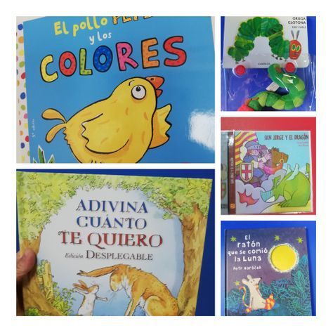 A collage of children 's books including el pollo y los colores
