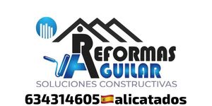 Logotipo para Reformas Aguilar: empresa constructora con ícono de casa e información de contacto.
