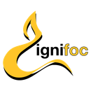 Logotipo de llama amarilla con la palabra "ignifoc" en negro y amarillo.