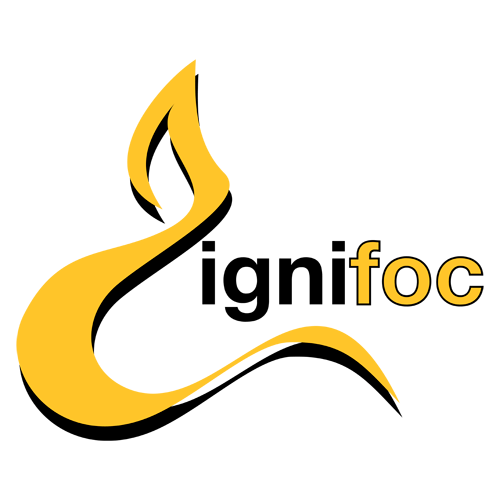 Logotipo de llama amarilla con la palabra "ignifoc" en negro y amarillo.