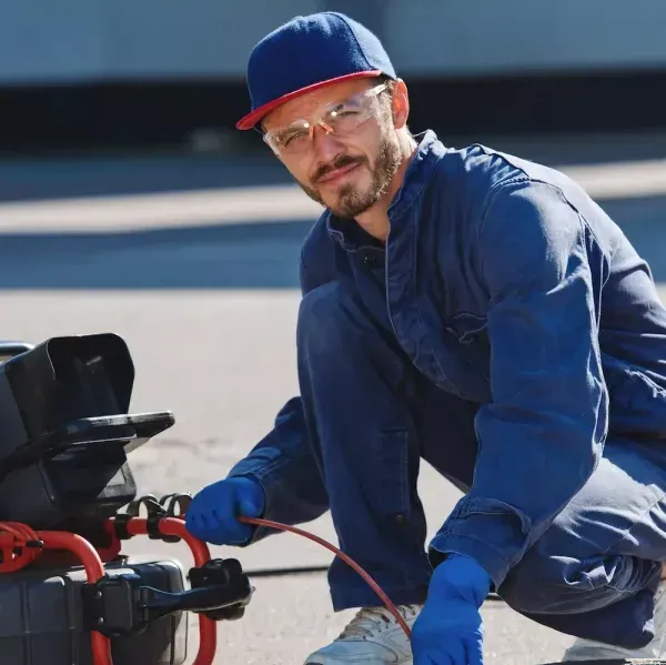 Ein Mechaniker hockt neben einem Gerät und hält Kabel in einer hellen Außenumgebung.