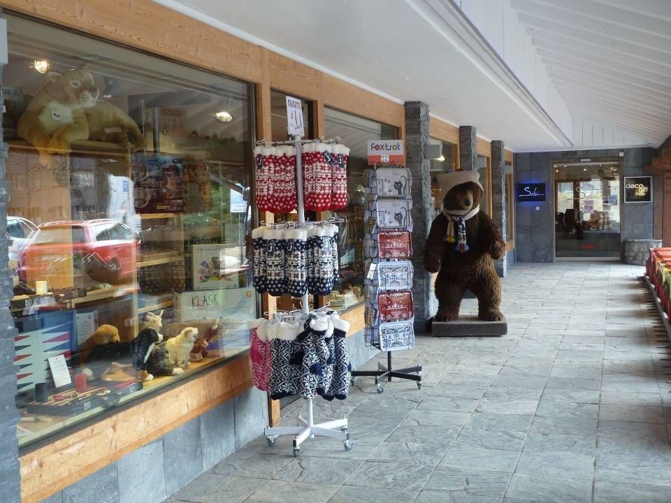 Allée commerçante extérieure avec vitrines et une statue d'ours près de l'entrée