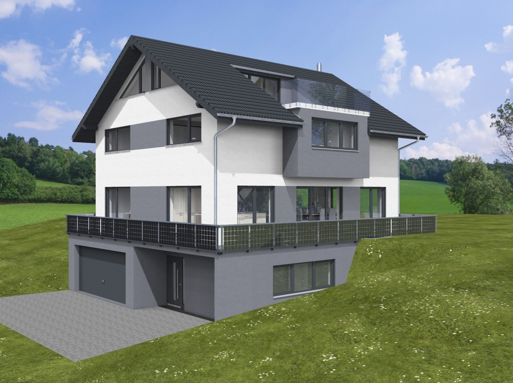 Modernes zweistöckiges Haus mit grau-weißer Fassade, Balkon und schrägem Dach, gelegen auf einem grasbewachsenen Hügel.