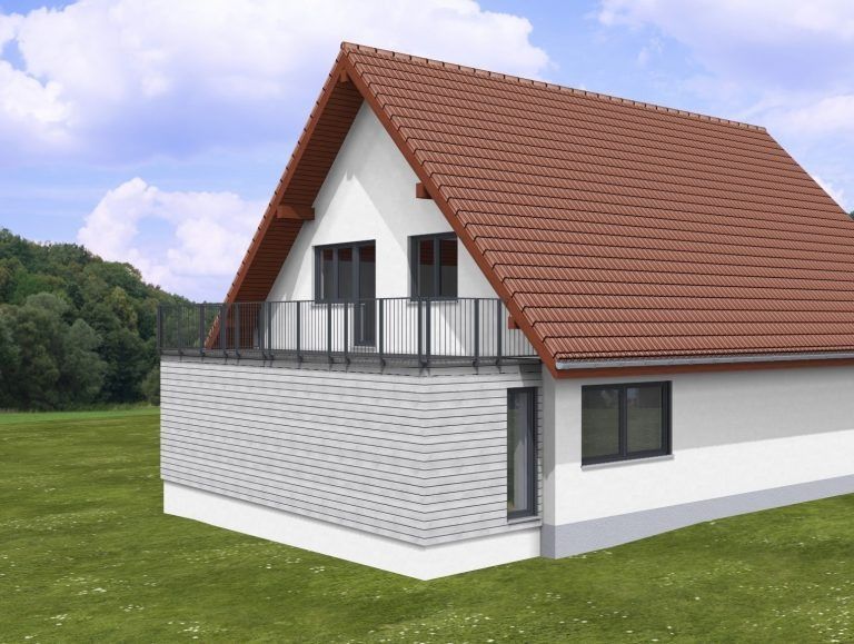 Haus mit rotem Ziegeldach, weißen Wänden und einem Balkon mit grauem Geländer.