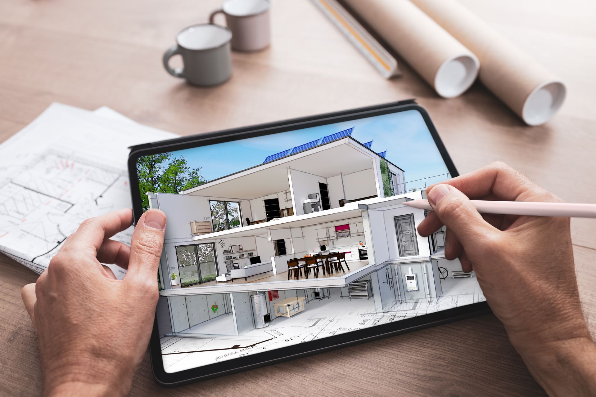Un ingénieur dessine un plan 3D sur une tablette