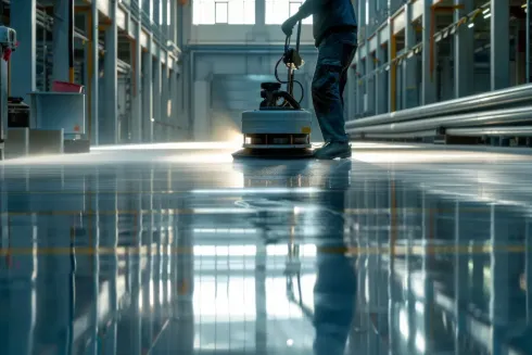 Persona operando una pulidora de pisos en un gran entorno industrial. Piso brillante y reflectante.
