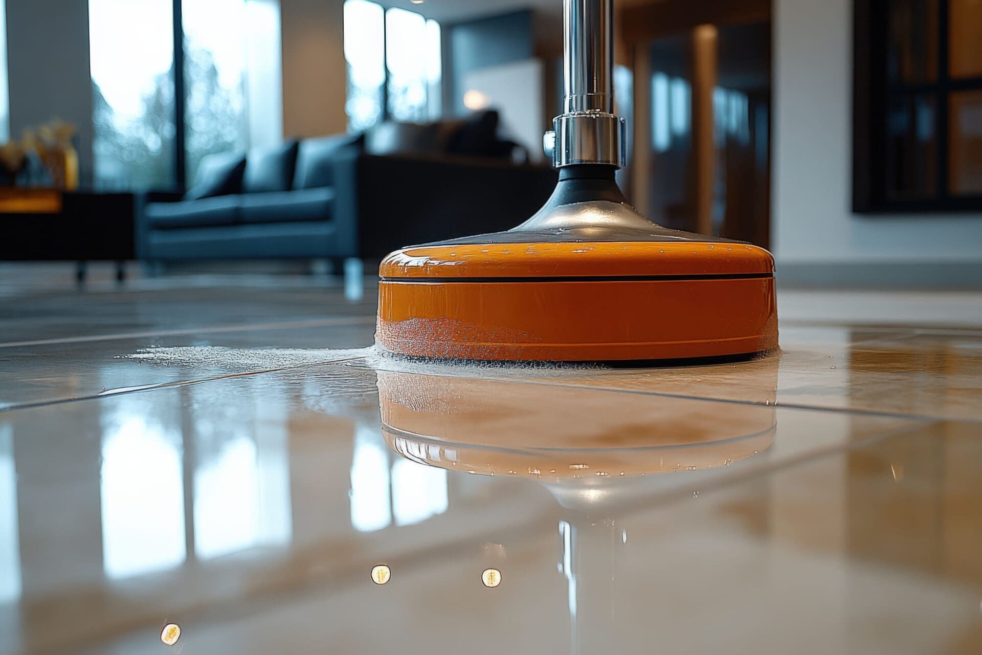 Herramienta de limpieza naranja sobre un suelo de baldosas brillantes en una sala de estar moderna.