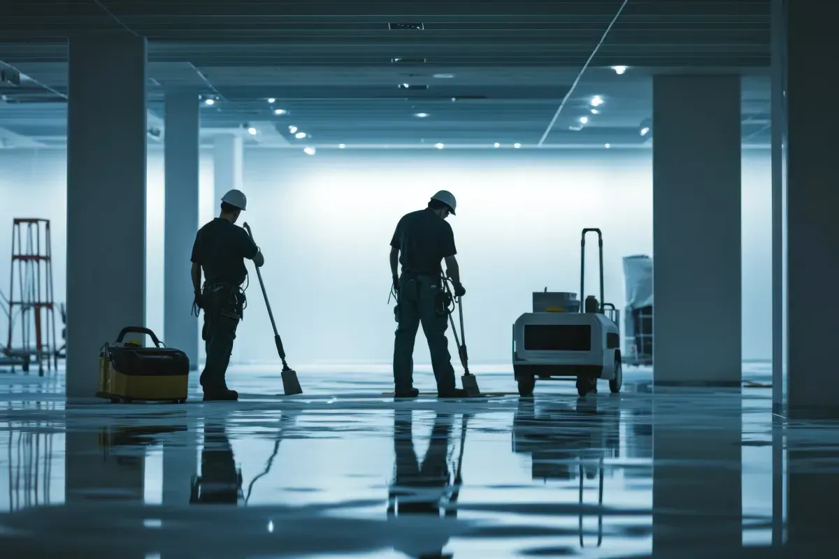 Dos trabajadores barriendo un espacio industrial inundado, con luz y equipo reflejados.