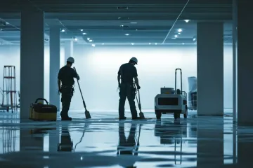 Dos trabajadores barriendo un espacio industrial inundado, con luz y equipo reflejados.