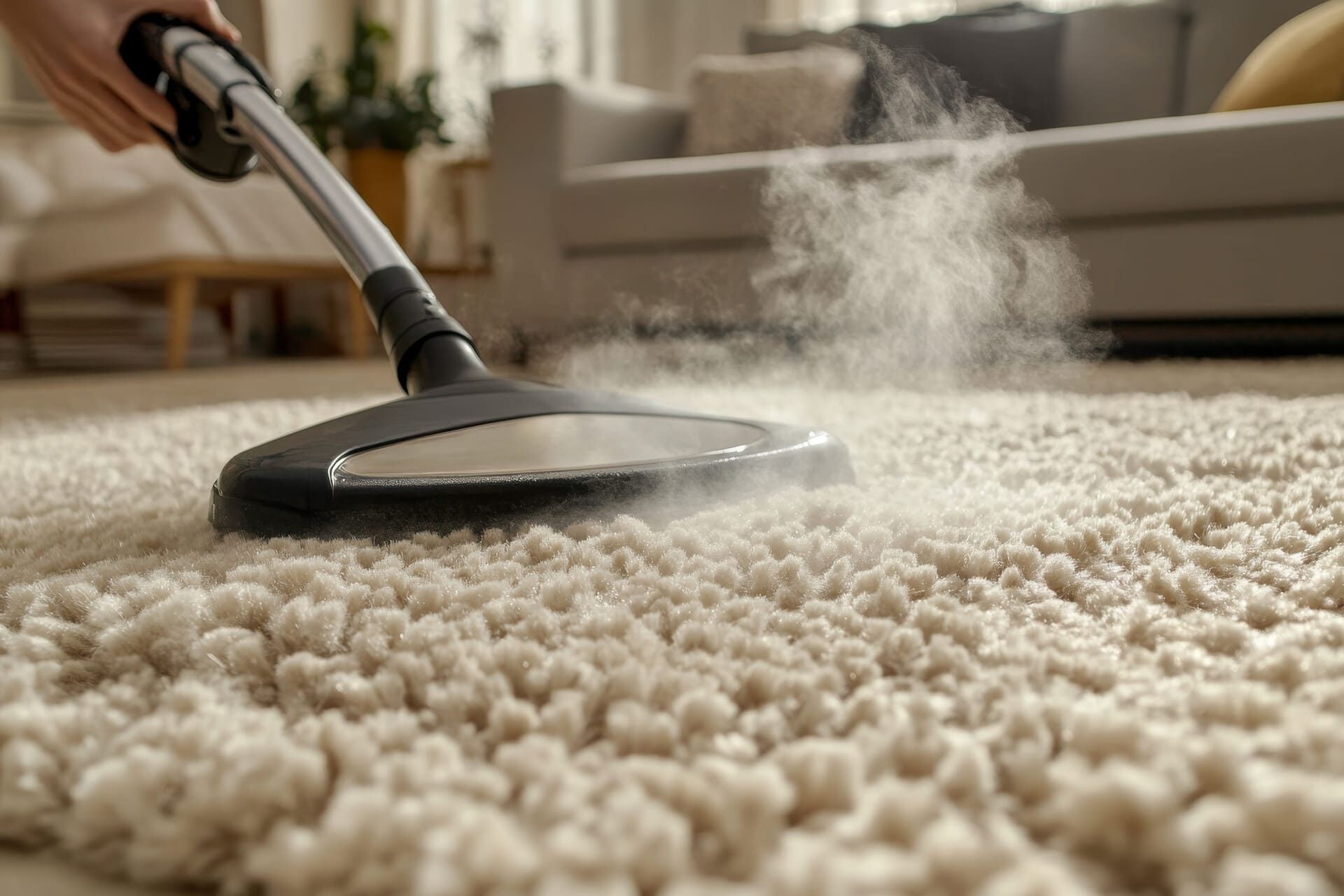 Limpieza con boquilla de aspiradora de una alfombra beige con vapor ascendente en una sala de estar.