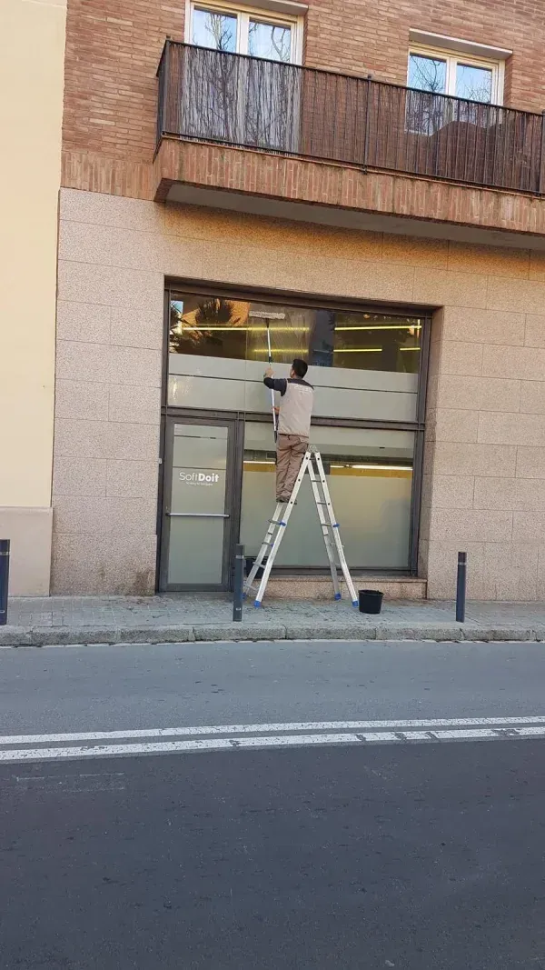 Persona en una escalera limpiando una ventana de un edificio con fachada de ladrillo.