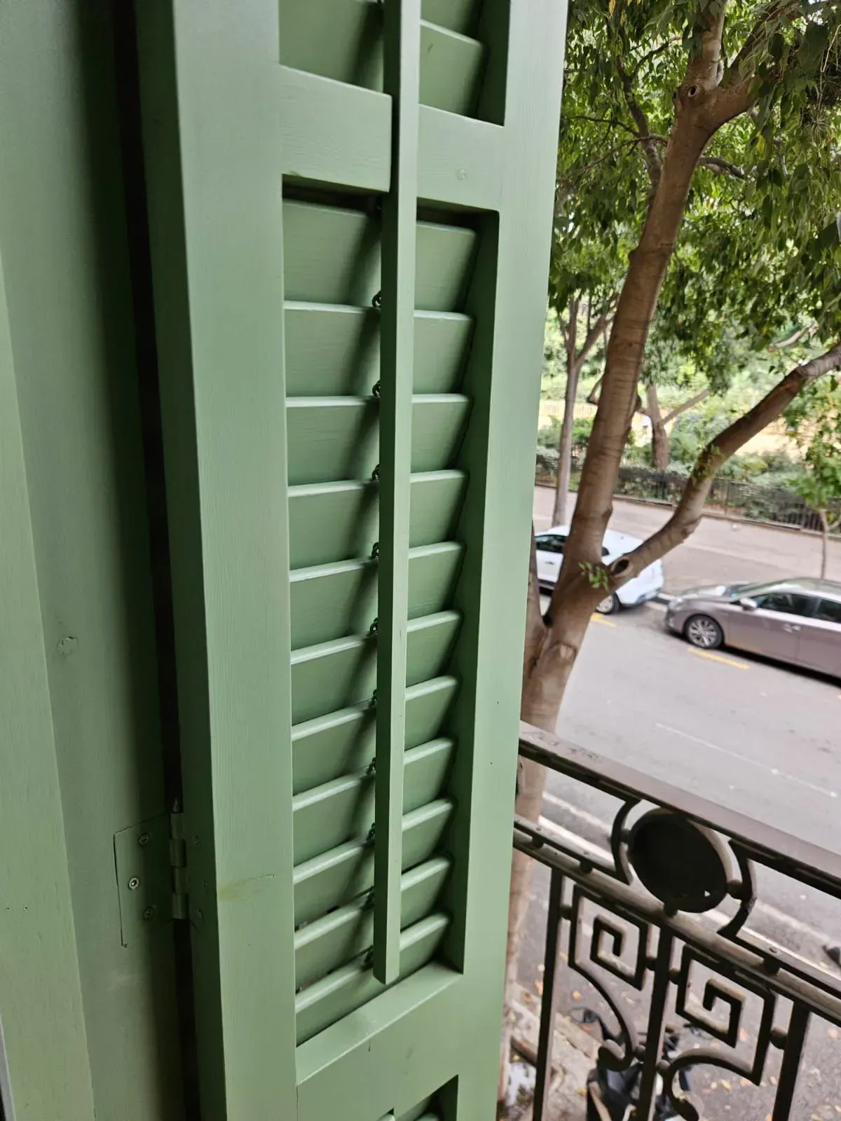 Las contraventanas verdes de un balcón dan a una calle con coches y un árbol.