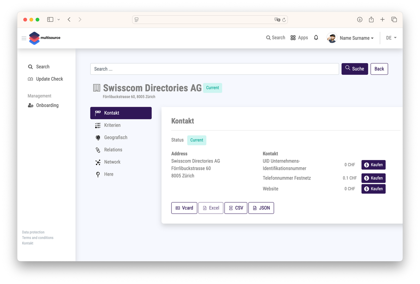 Webportal Kontakt Details
