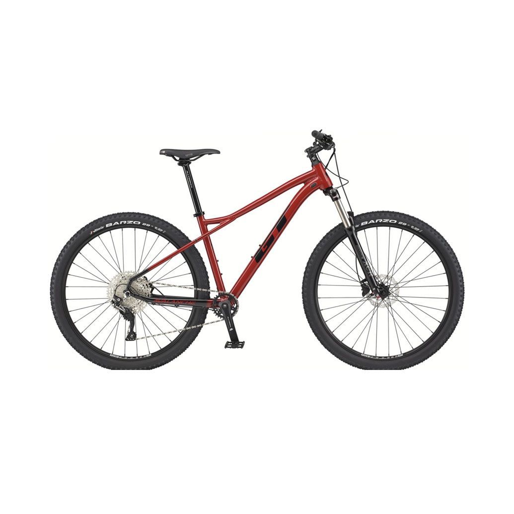 Ein rotes Mountainbike auf weißem Hintergrund.