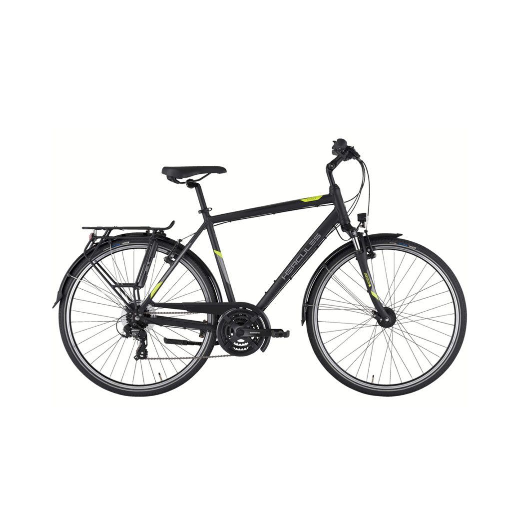 Ein schwarz-gelbes Fahrrad auf weißem Hintergrund.