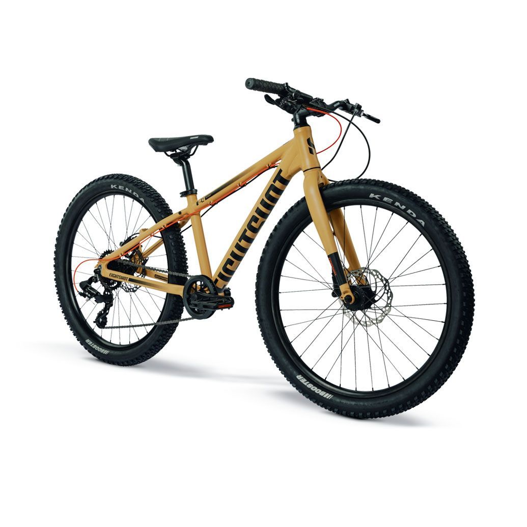 Ein gelb-schwarzes Fahrrad mit einer Scheibenbremse auf weißem Hintergrund.