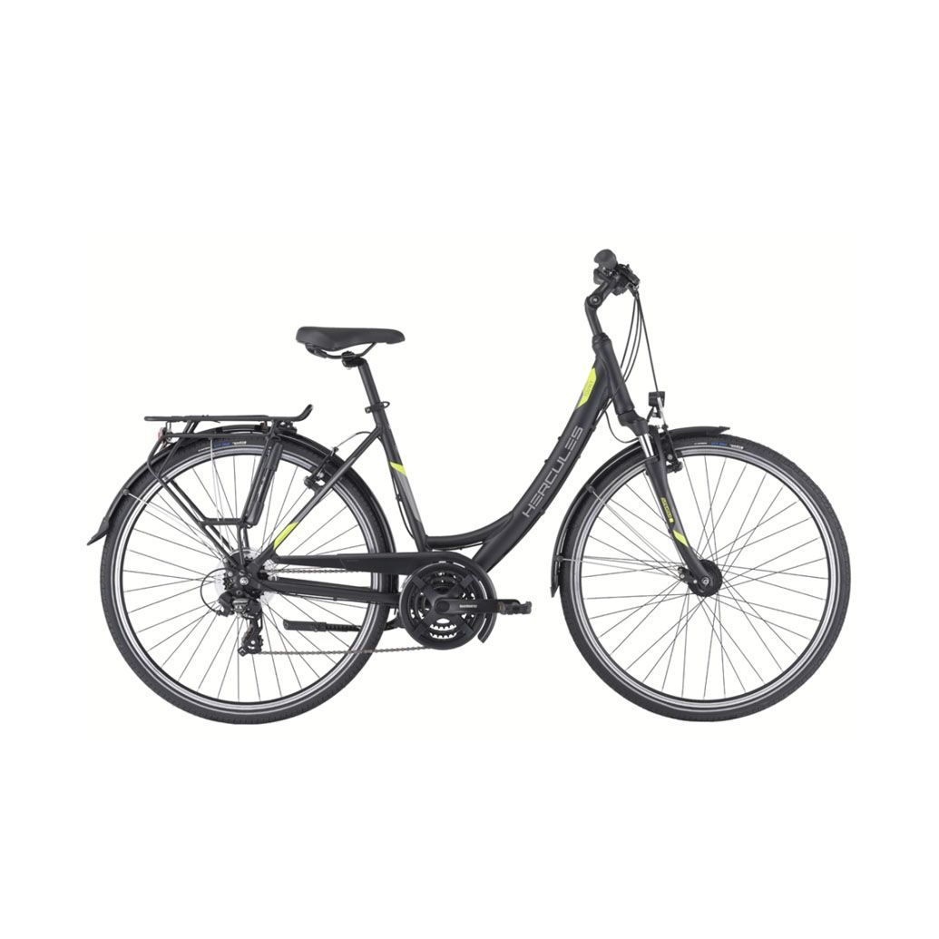 Ein schwarz-gelbes Fahrrad auf weißem Hintergrund.