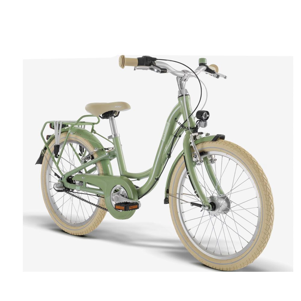 Ein grünes Fahrrad mit Gepäckträger auf weißem Hintergrund.