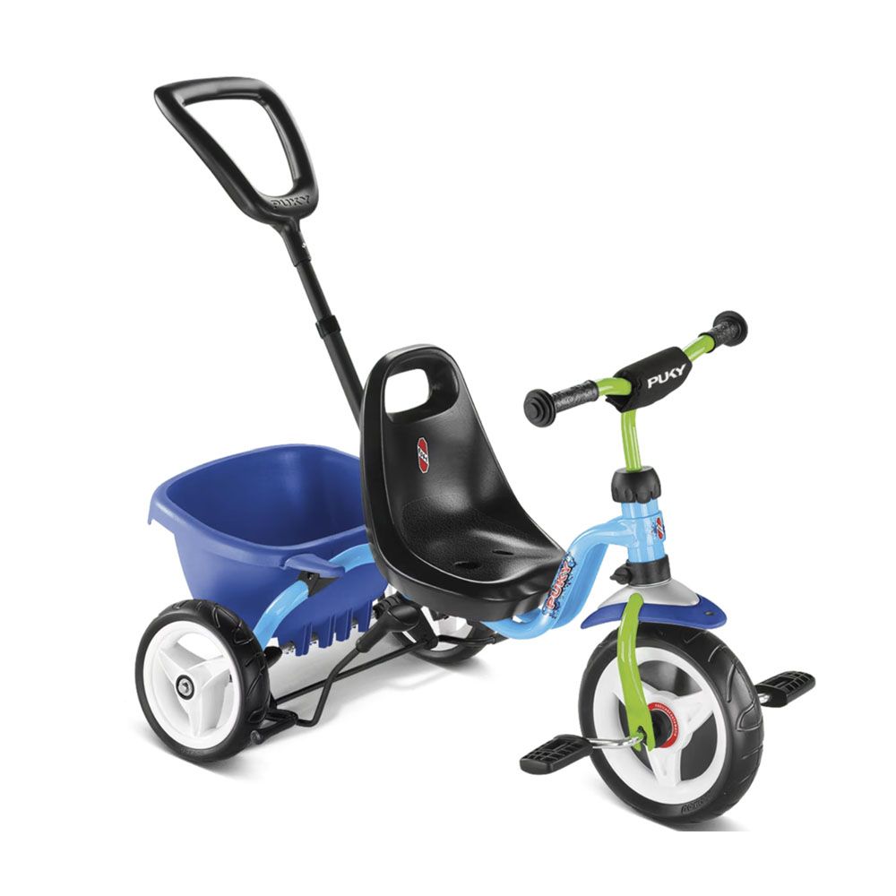 Ein blau-schwarzes Dreirad mit einem blauen Anhänger daran.