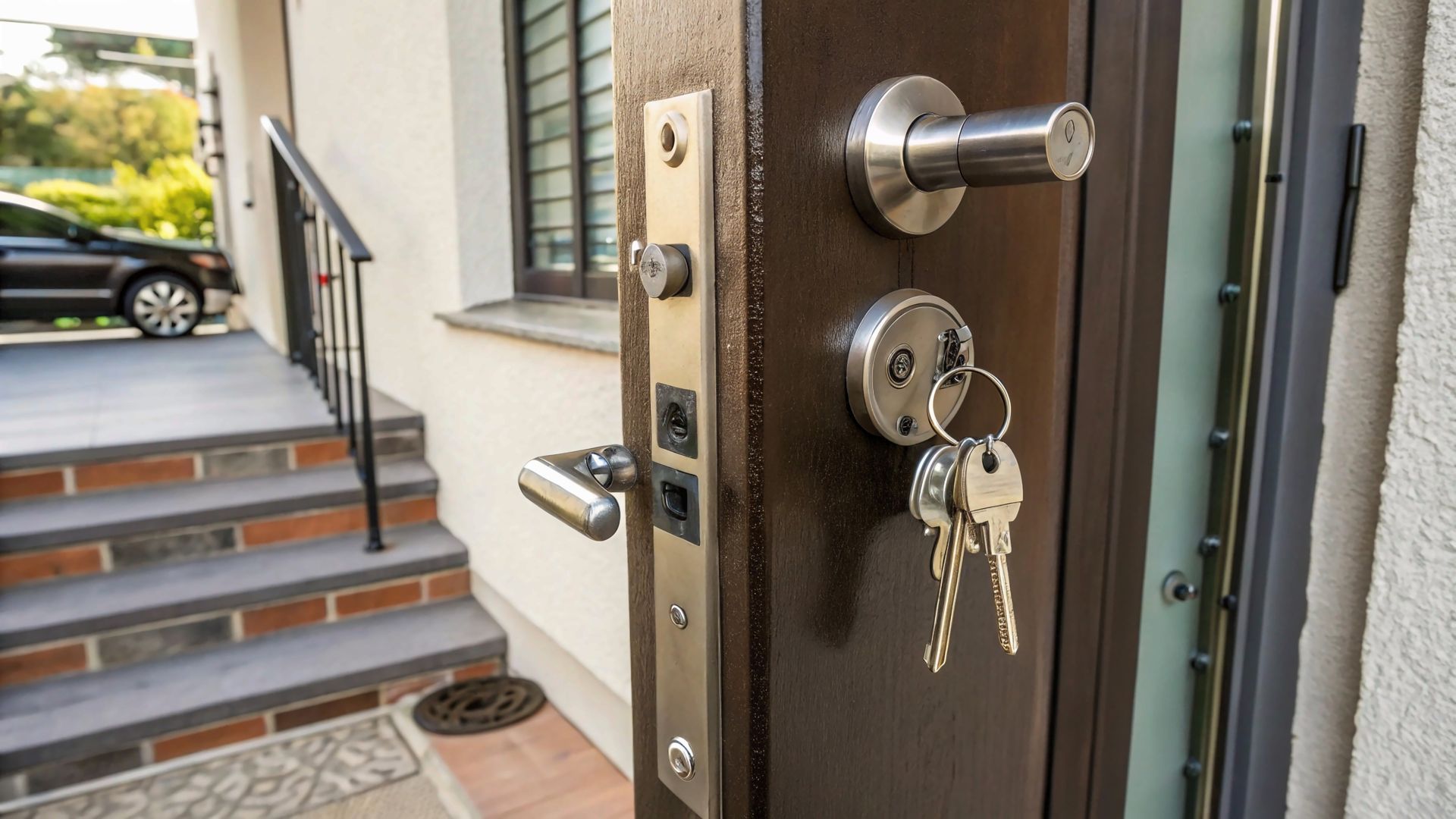 Un trousseau de clés est accroché à la porte d'entrée à plusieurs serrures d'une maison.