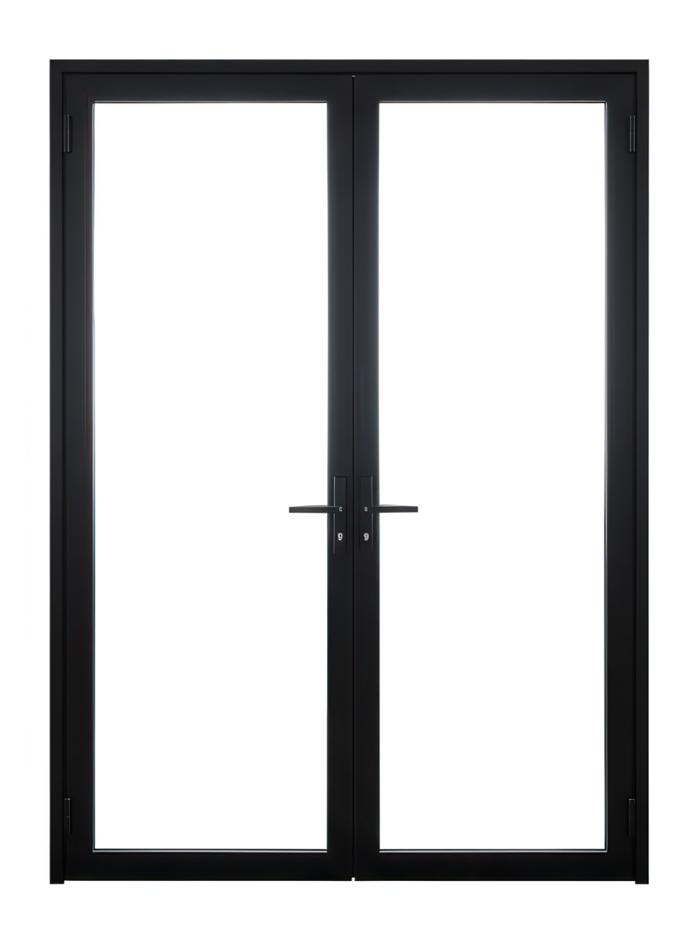 Deux portes-fenêtres à cadre noir, avec des vitres transparentes et des poignées horizontales.