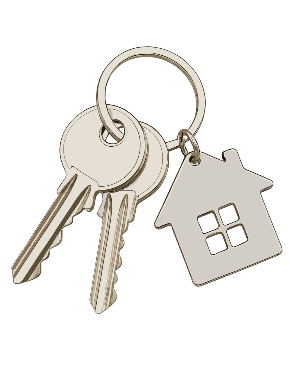 Un porte-clés en métal avec deux clés et un pendentif en forme de maison sur fond blanc.