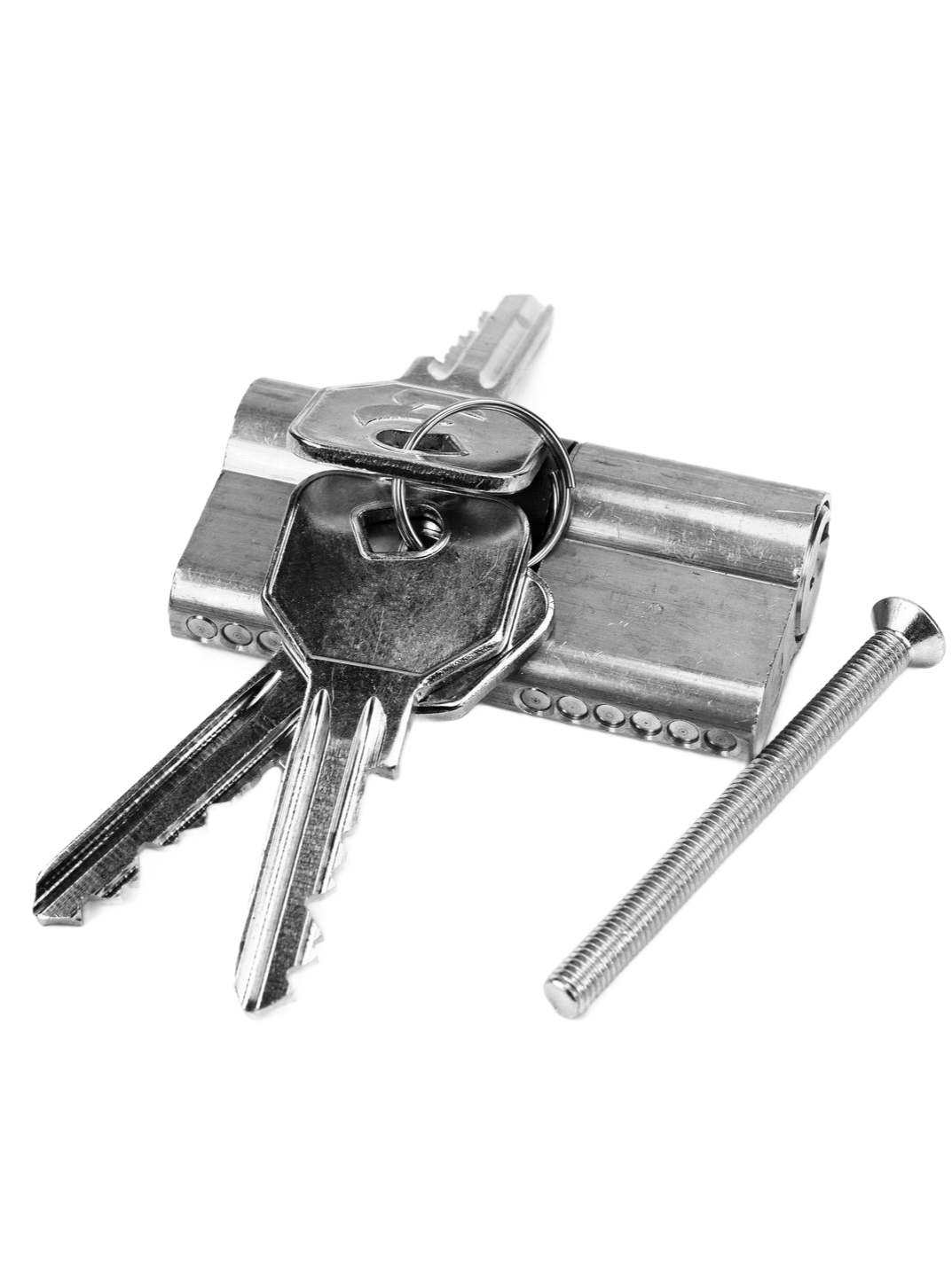 Un cylindre de serrure de porte argenté avec un jeu de clés et une longue vis de fixation
.