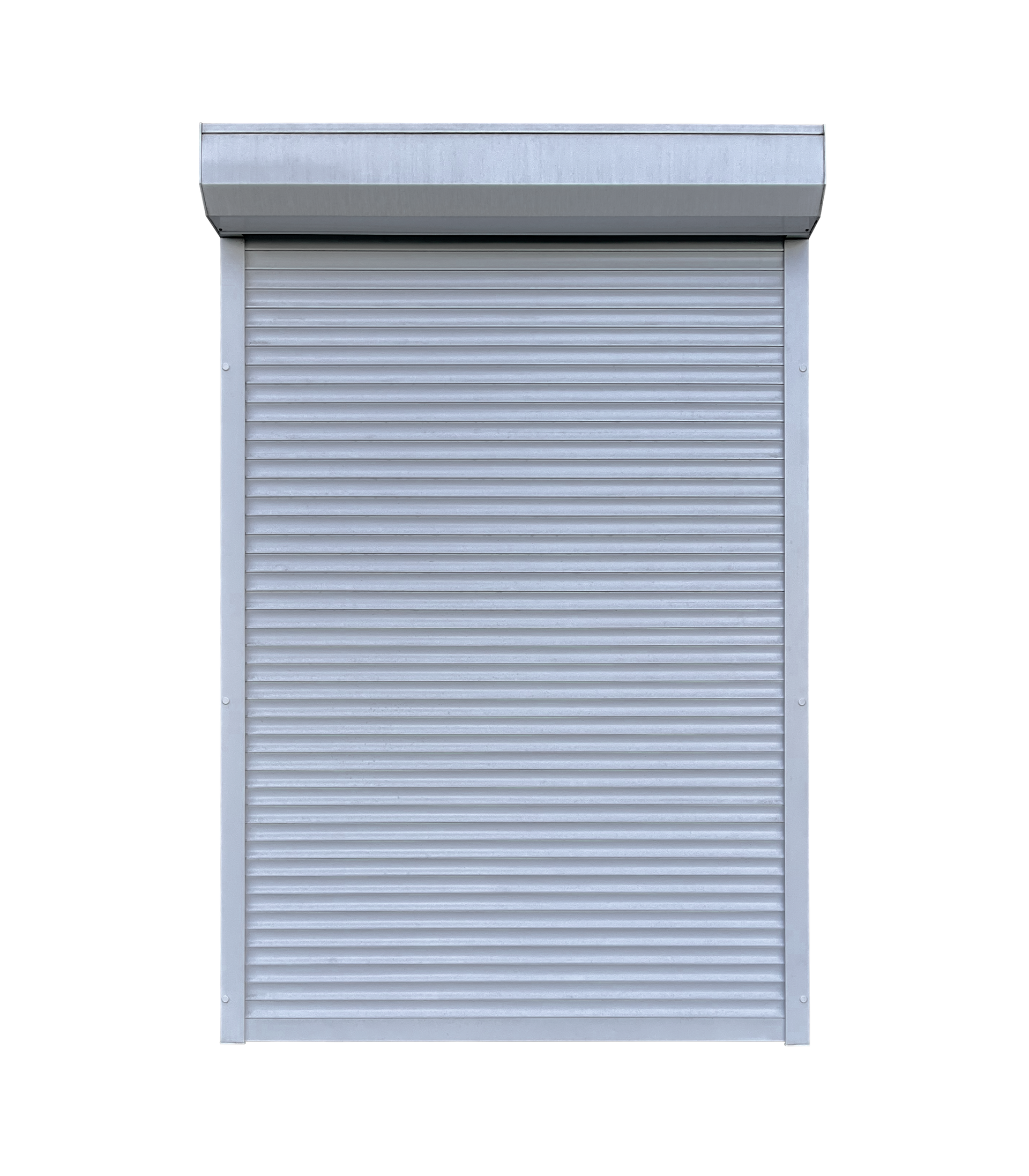 Une porte sectionnelle métallique rectangulaire argentée, fermée.