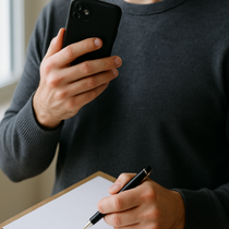 Personne en pull gris tenant un téléphone et écrivant sur un presse-papiers avec un stylo.