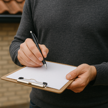 Personne en pull gris tenant un presse-papiers, écrivant avec un stylo à l'extérieur d'un bâtiment.