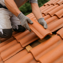 Couvreur installant une tuile en terre cuite sur un toit, portant des gants.