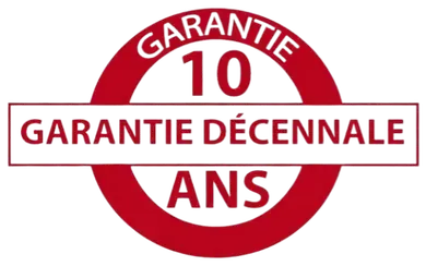 Logo rouge et blanc : garantie 10 ans. Texte « GARANTIE » et « ANS » (années).