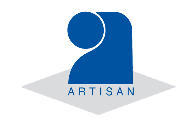 Logo bleu : figure abstraite avec un cercle en haut, mot « ARTISAN » en dessous, sur un losange gris.