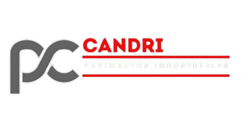 Logotipo para CANDRI, pavimentos industriales, con símbolo “PC” gris entrelazado y texto rojo.