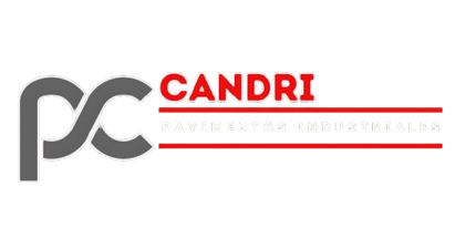 Logotipo para CANDRI, pavimentos industriales, con símbolo “PC” gris entrelazado y texto rojo.