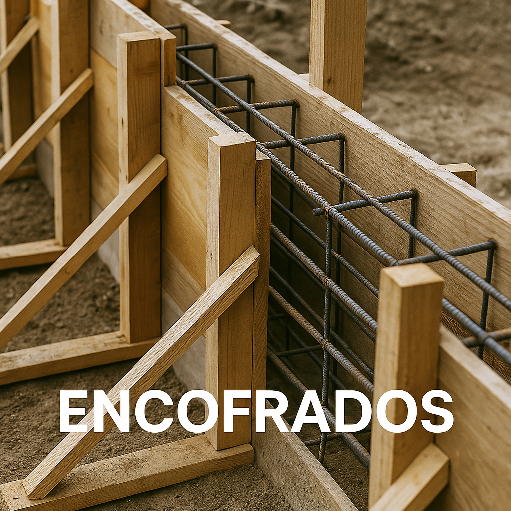 Encofrado de madera con armadura de acero para construcción de hormigón en exteriores. Texto