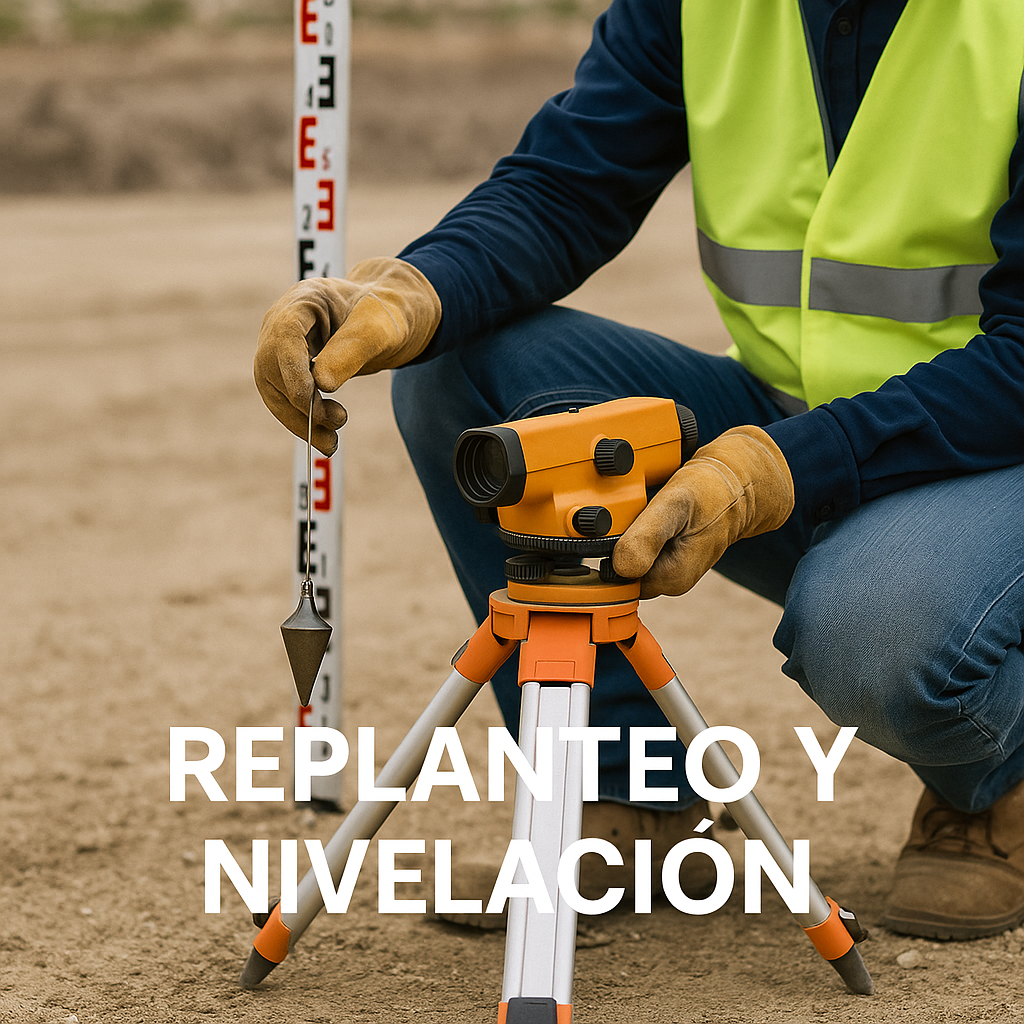 Hombre con chaleco amarillo usando equipo de topografía al aire libre, el texto dice