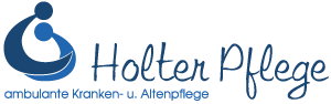 Logo für Holter Pflege mit einer blauen, stilisierten abstrakten Figur neben dem Firmennamen und der Leistungsbeschreibung.