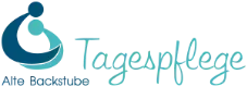 Logo für die Tagespflege Alte Backstube mit einer stilisierten blauen und türkisfarbenen Grafik von zwei Figuren und blauem Text.