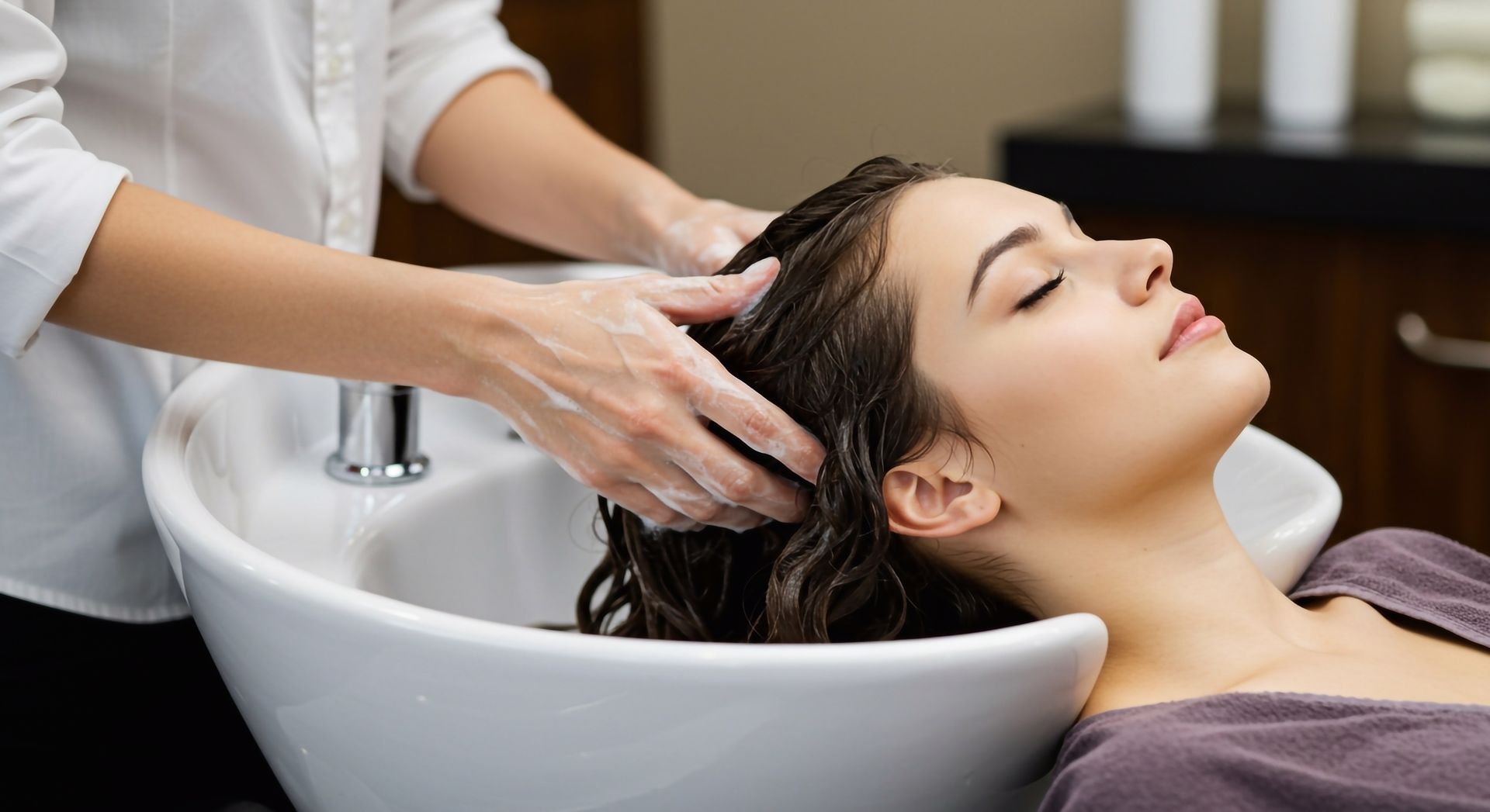 Eine Friseurin stylt einer Frau die Haare vor einem Salonspiegel.