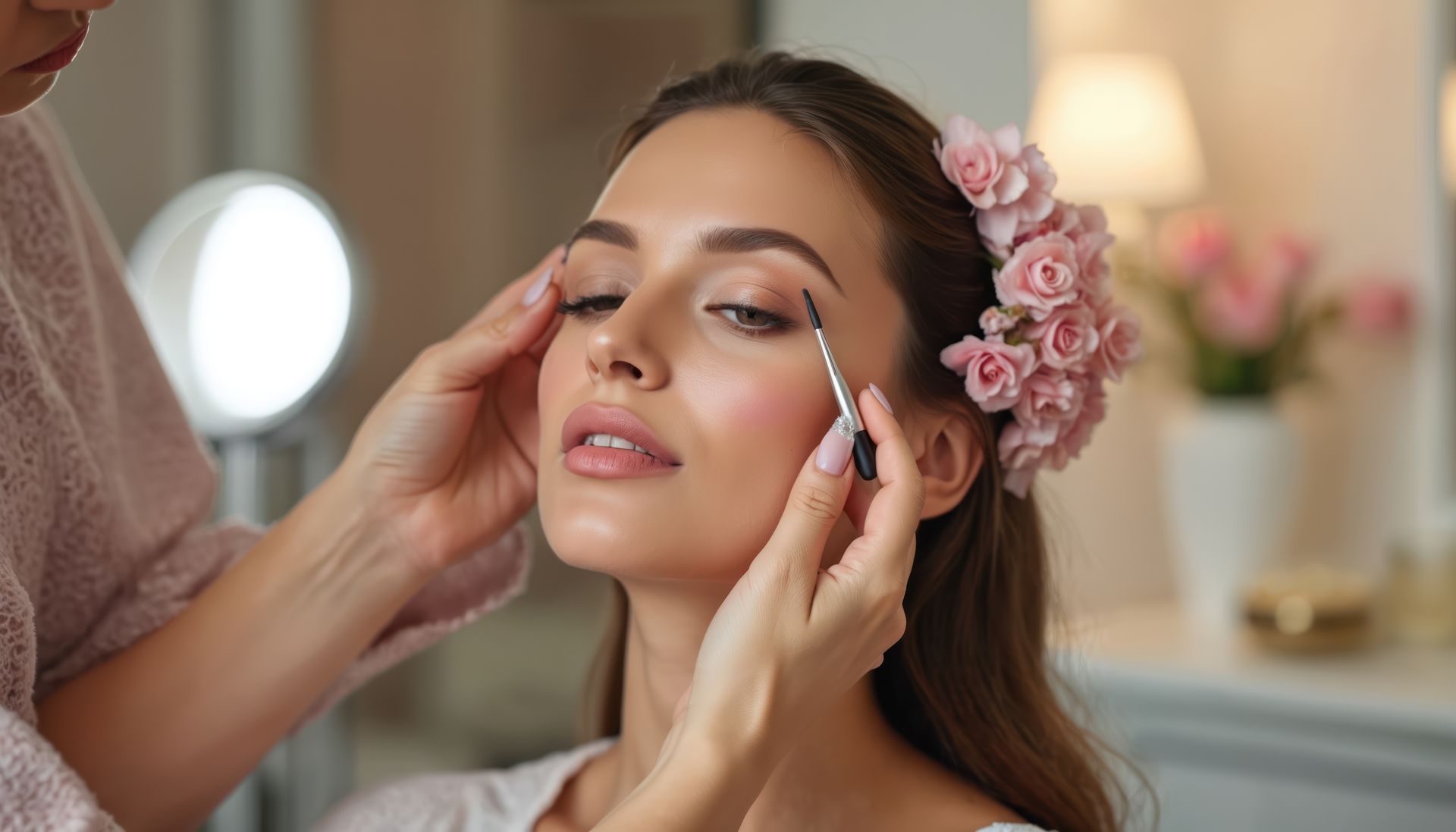 Spa-Regale mit verschiedenen Haar- und Schönheitsprodukten neben einem hohen Arrangement aus weissen Orchideen.