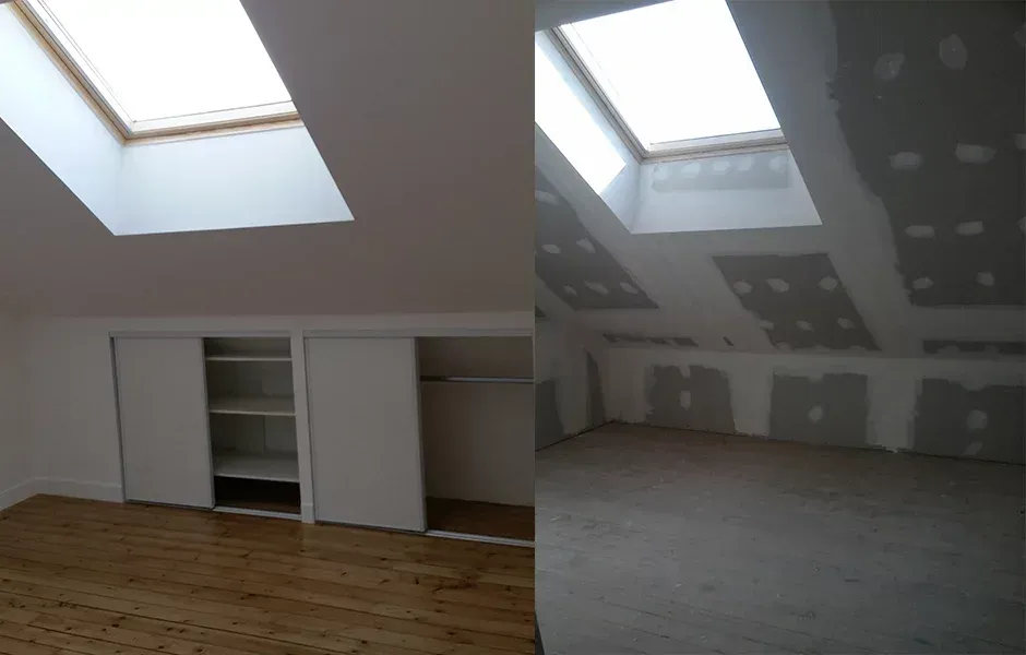 Combles avant et après rénovation, avec des fenêtres de toit, un plancher en bois et des plaques de plâtre non finies