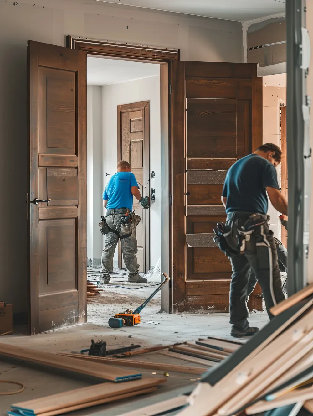 Dos trabajadores instalan puertas de madera en una habitación durante la construcción.
