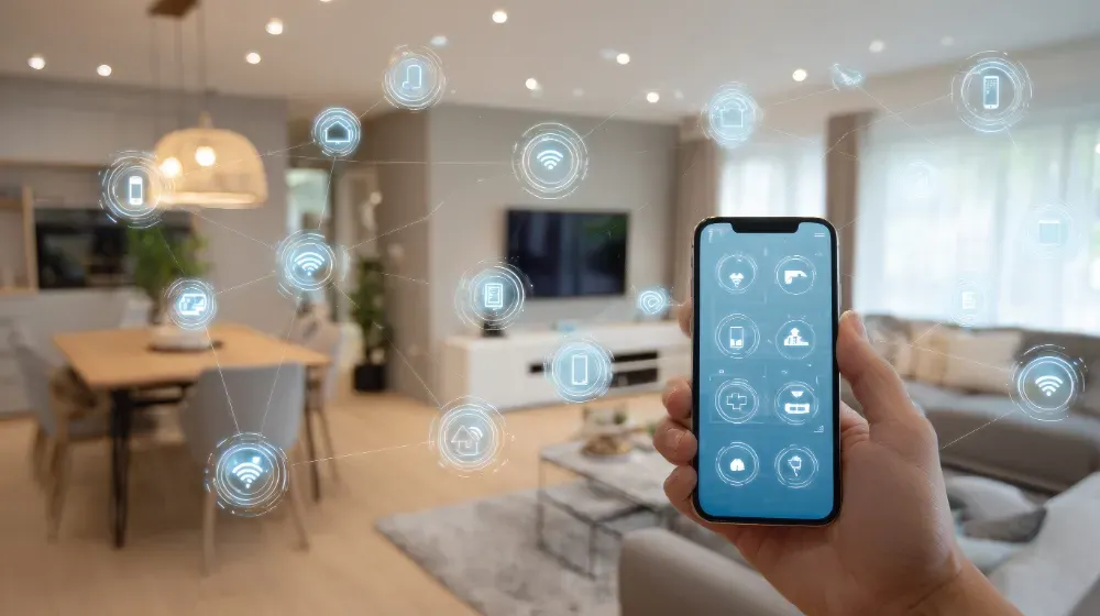 Mano sosteniendo un smartphone controlando dispositivos inteligentes del hogar. Sala de estar con iconos flotantes.