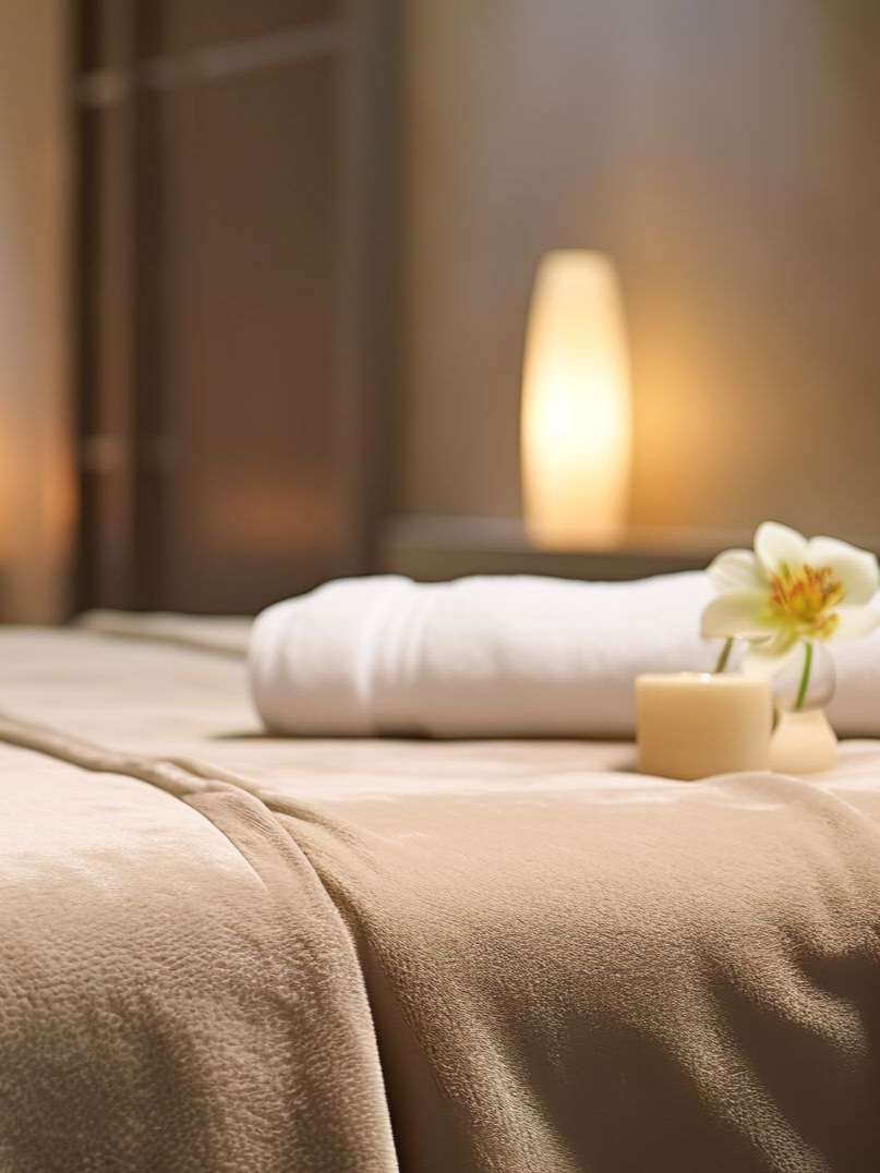 Table de massage de spa avec serviettes beiges, bougies et une fleur blanche dans une pièce chaleureuse et tamisée