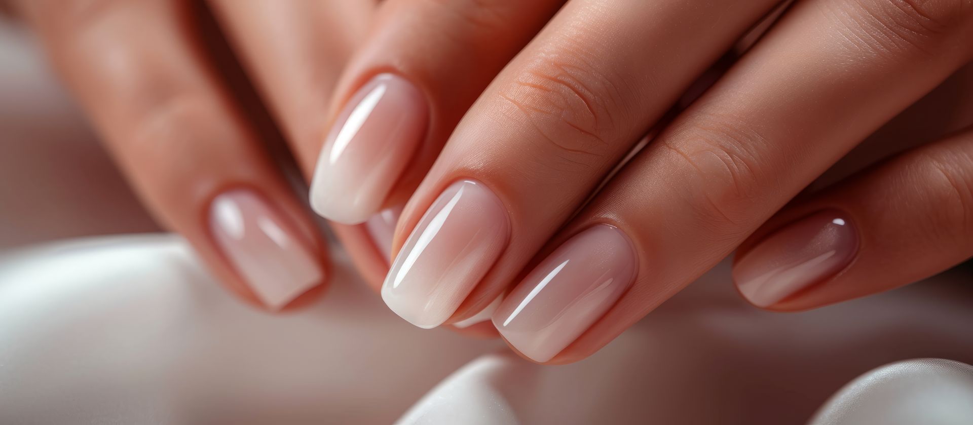 Des mains manucurées aux ongles rose pâle reposent sur une surface blanche et douce.